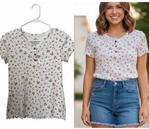 Y2k cottagecore lettuce edge Floral Ribbed babydoll shirt - youth L Adult XS S